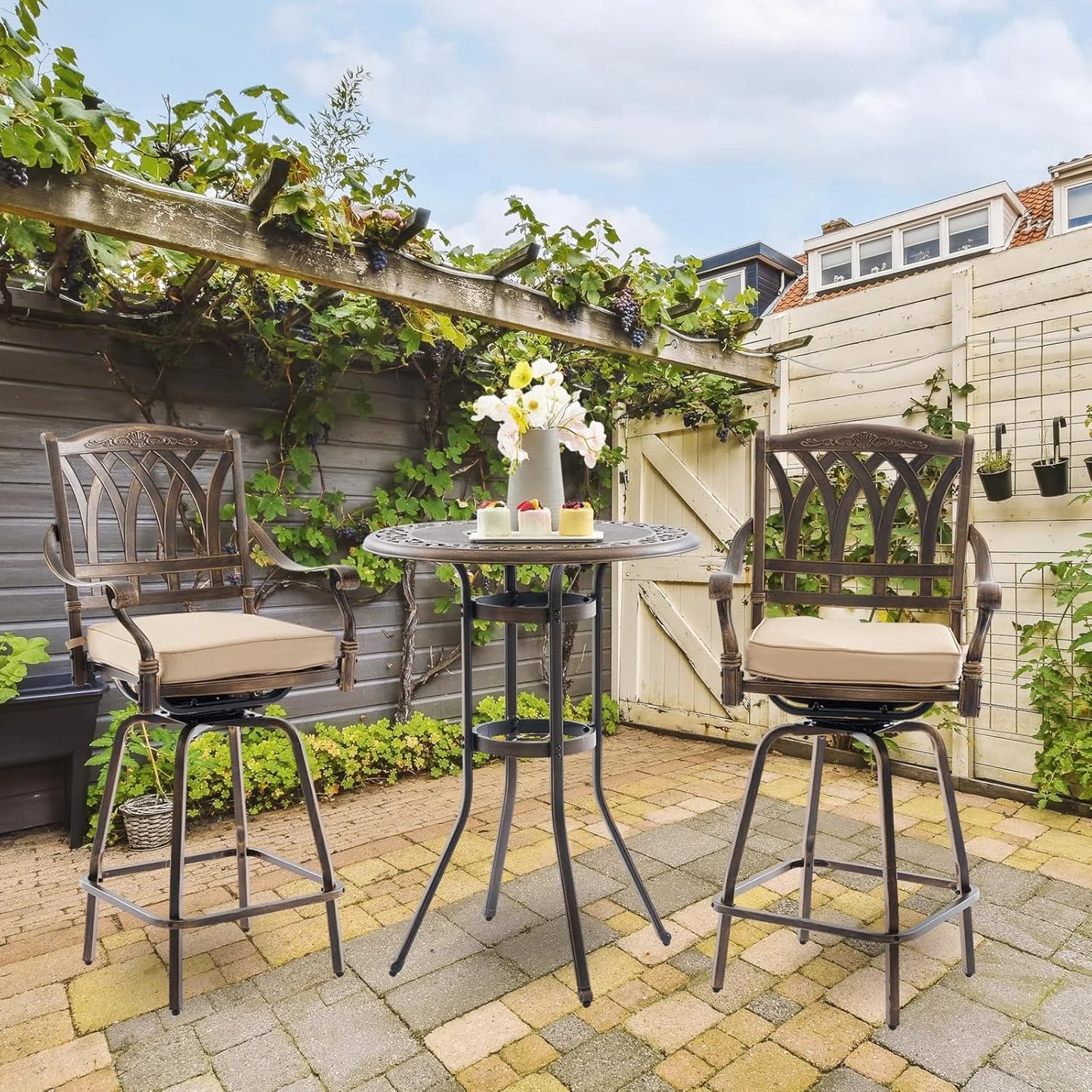 Bar Height Outdoor Table and Chairs, 3 PCS Cast Aluminum Patio Swivel Bar Set Include 31.5" Outdoor High Top Table and Barstool Set of 2 with Cushions