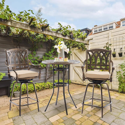 Bar Height Outdoor Table and Chairs, 3 PCS Cast Aluminum Patio Swivel Bar Set Include 31.5" Outdoor High Top Table and Barstool Set of 2 with Cushions
