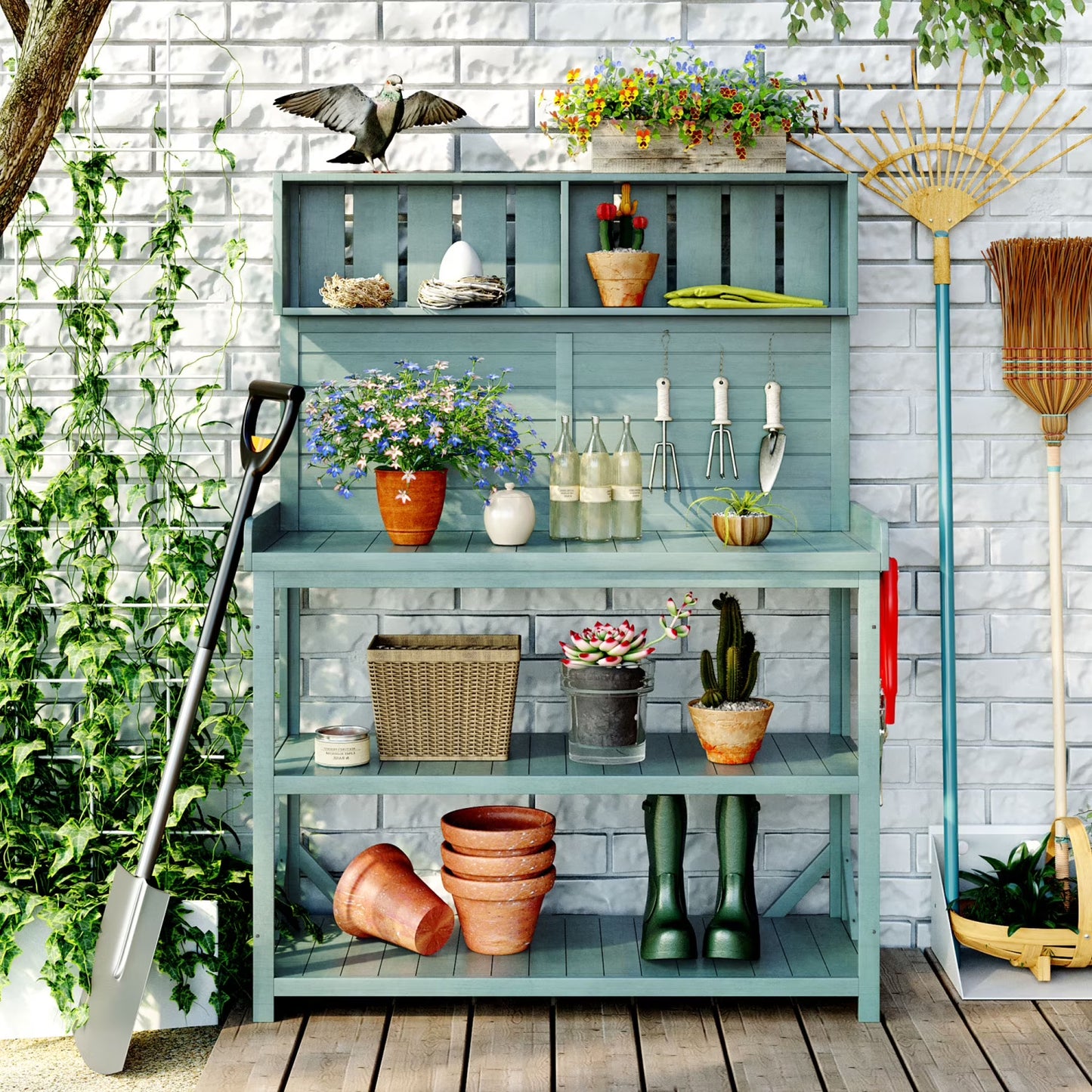 65" Large Outdoor Potting Bench Table, Wooden Farmhouse Rustic Patio Workstation with 4 Storage Shelves and Side Hook, Garden Potting Bench Station, Natural