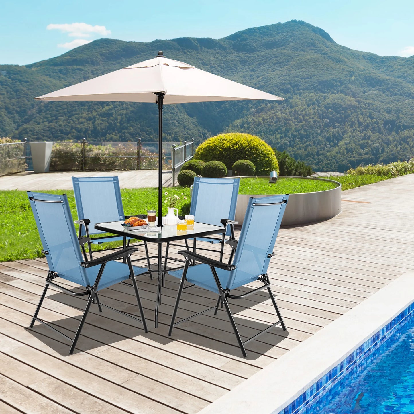 Gymax Patio Metal Camping Breathable and Rip-resistant Folding Chairs, Blue (Set of 4)