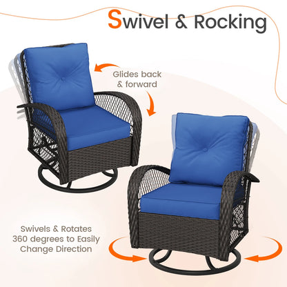 MRUAKA 3 Pieces Patio Furniture Set, Outdoor Swivel Gliders Rocker, Wicker Patio Bistro Set with Rattan Rocking Chair, Glass Top Side Table and Thickened Cushions (Khaki)