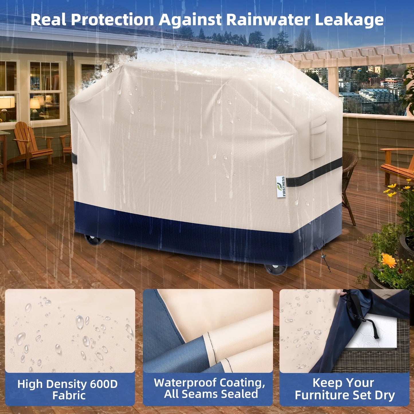Firstness Patio BBQ Grill Covers 58 inch,600D Heavy-Duty Waterproof Outdoor Gas Grill Cover for Weber Char-Broil Nexgrill and More Grills,58" x 26" x 41"( Beige & Navy)