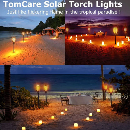 Flickering Solar Lights, 4 Pack Tiki Torch Lights with Flickering Flame, LED Waterproof Bamboo Yard Torch for Outside Garden Patio Pathway Blcak