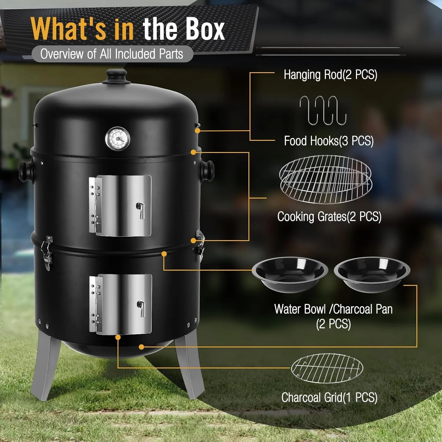 BBQ Charcoal Smoker for Meat: 16 Inch Heavy Duty 4 In 1 BBQ Charcoal Grills - Vertical Barbecue Smokers Grill Combo for Outdoor Cooking Patio Backyard Picnic Party Grilling