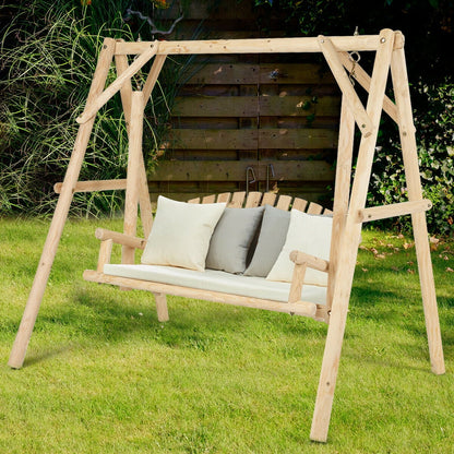 Gymax Wooden Porch Swing Outdoor Patio Rustic Torched Log Curved Back Bench A-Frame