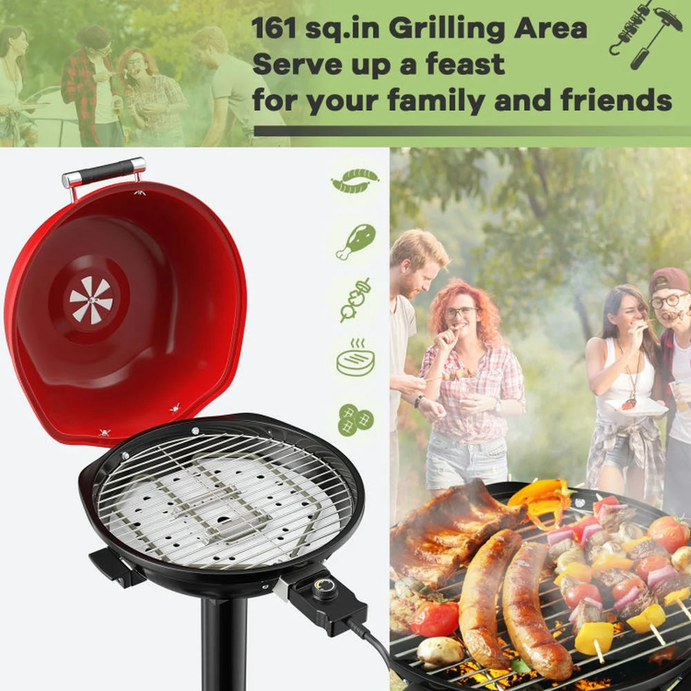 Aimee Lii 1600W Portable Electric BBQ Grill with Removable Non-Stick Rack, BBQ Grill for Outdoor Cooking Kitchen, Garden and Patio Backyard Barbecue-Black & Red