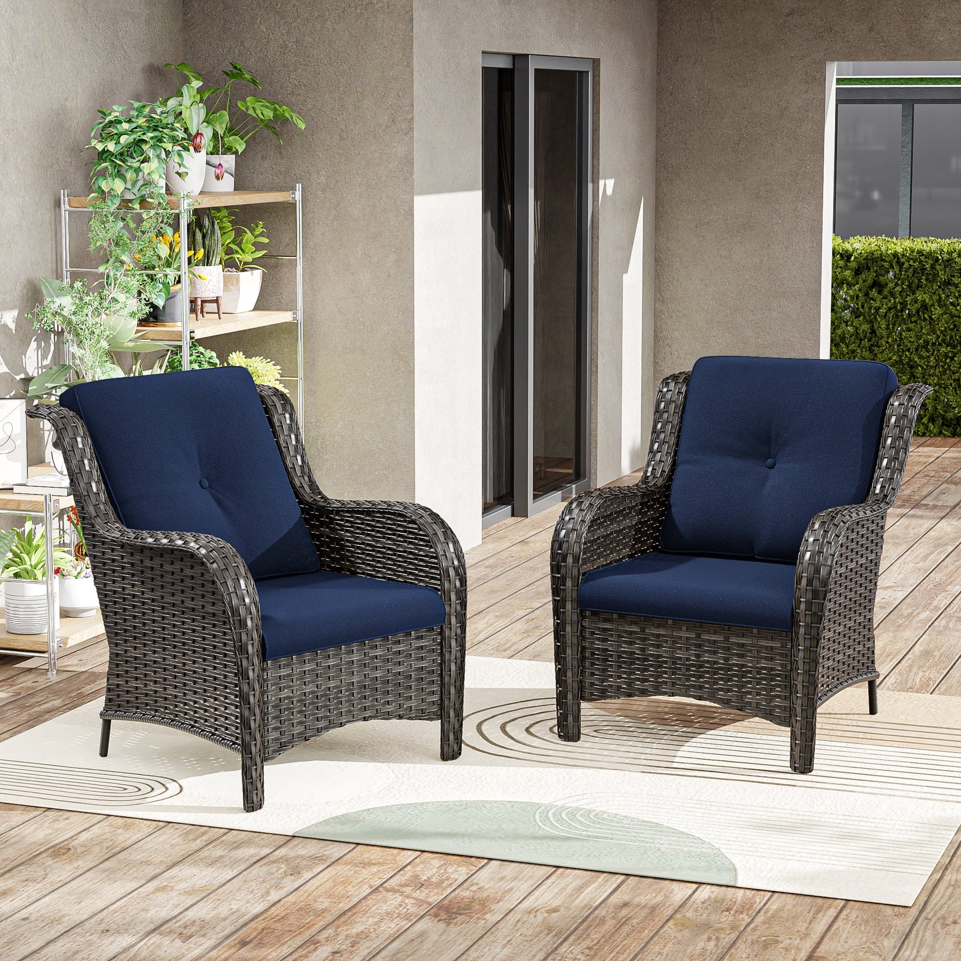 Meetleisure Patio Wicker Outdoor Lounge Chair with Cushion(Set of 2), Navy