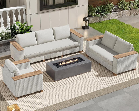 Jocisland Patio Furniture Set, 6 Piece Modular Rattan Outdoor Sectional Set with Washable Cushions, 3-Seat Outdoor Couch, 1 Loveseat, 1 Single Chair for Lawn Deck Backyard Garden, Beige