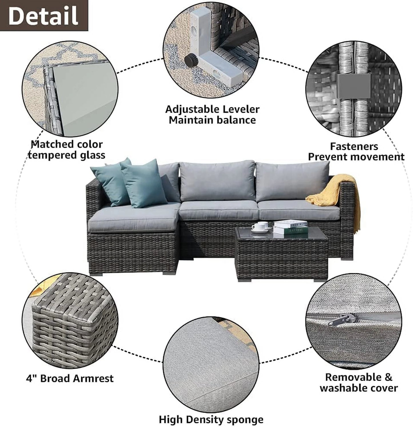 Patiorama 5-Piece Patio Furniture Set, Outdoor Sectional Conversation Set, All-Weather Grey PE Wicker with Light Grey Cushions, Backyard Porch Garden