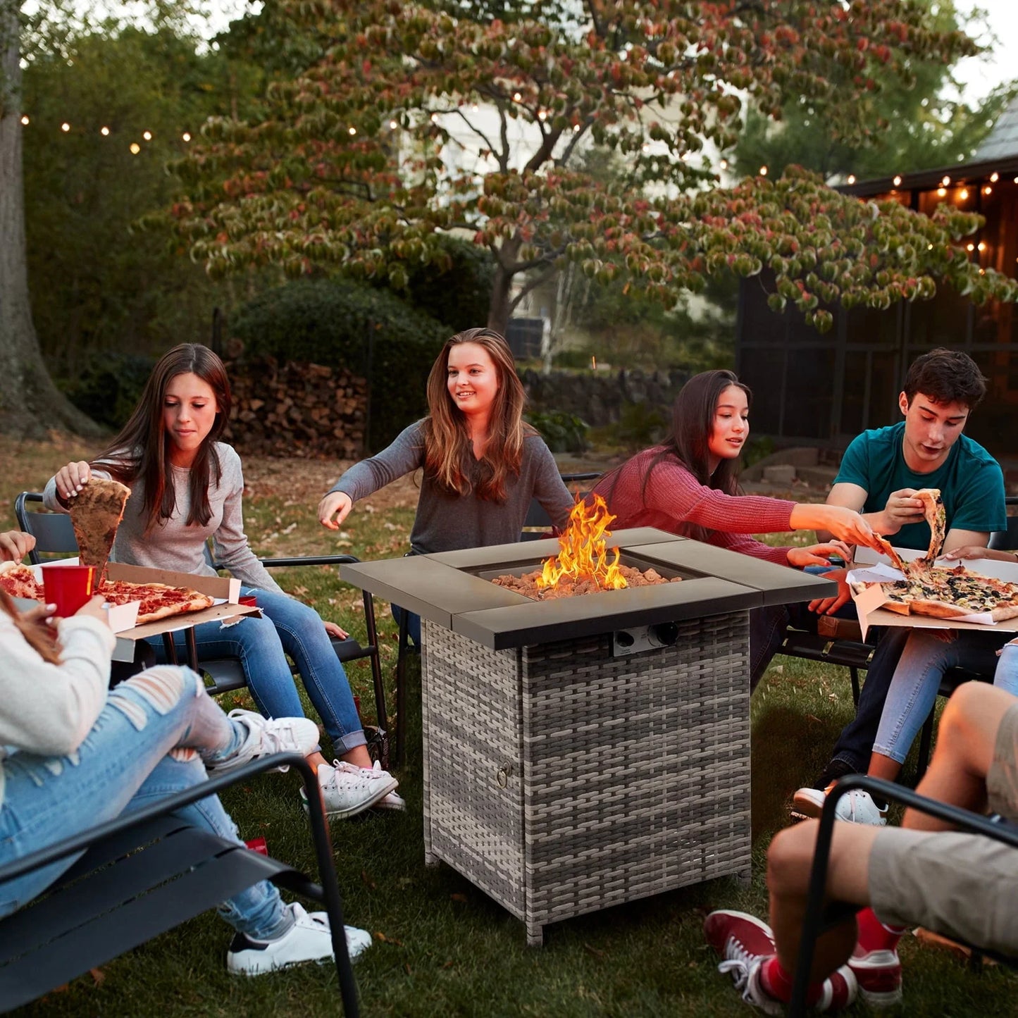 SEGMART Square Propane Fire Pit Table, Outdoor Gas Fire Pit Table with Lava Rocks and Lid, Gas Heater for Bonfire Patio Garden Backyard, 28-Inch 50,000 BTU Auto-Ignition Fire Table, CSA Certification