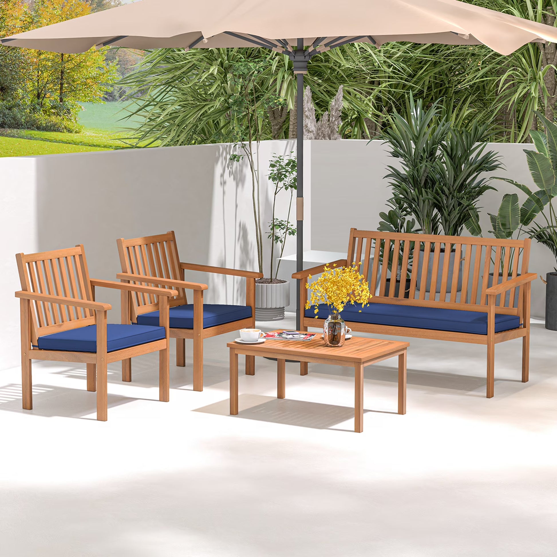 Costway 4 PCS Patio Wood Furniture Set with Loveseat, 2 Chairs & Coffee Table for Porch Navy