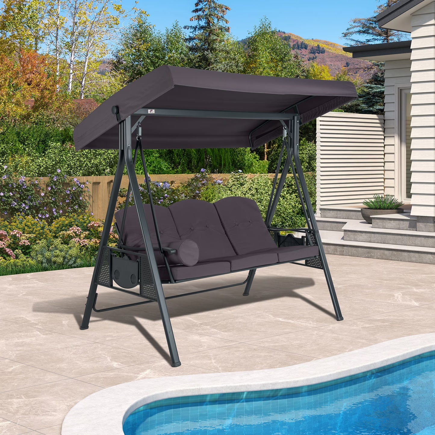 PURPLE LEAF 3-Seat Deluxe Outdoor Patio Porch Swing with Weather Resistant Steel Frame, Adjustable Tilt Canopy, Cushions and Pillow Included, Terra