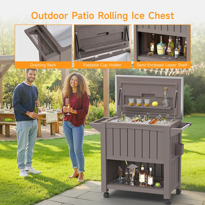 Dovov Portable Outdoor Patio Cooler Cart, 120 Quart Rolling Ice Chest Beverage Bar Cart Cooler with Wheels, Stainless Steel Lid, Bottle Opener, and Bottom Storage Shelf