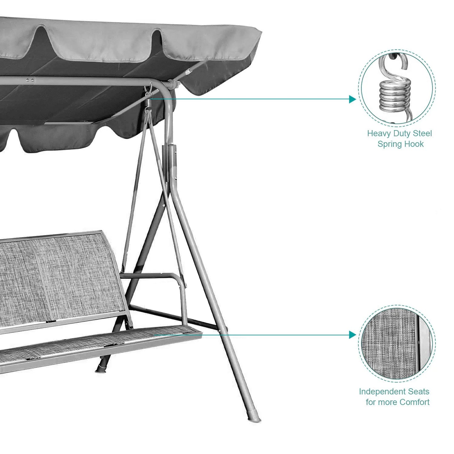 CoPedvic Canopy Porch Patio Swing with Canopy, 3-Seat Steel Outdoor Swing Chair with Stand , Yard swing& Outside swing,Gray