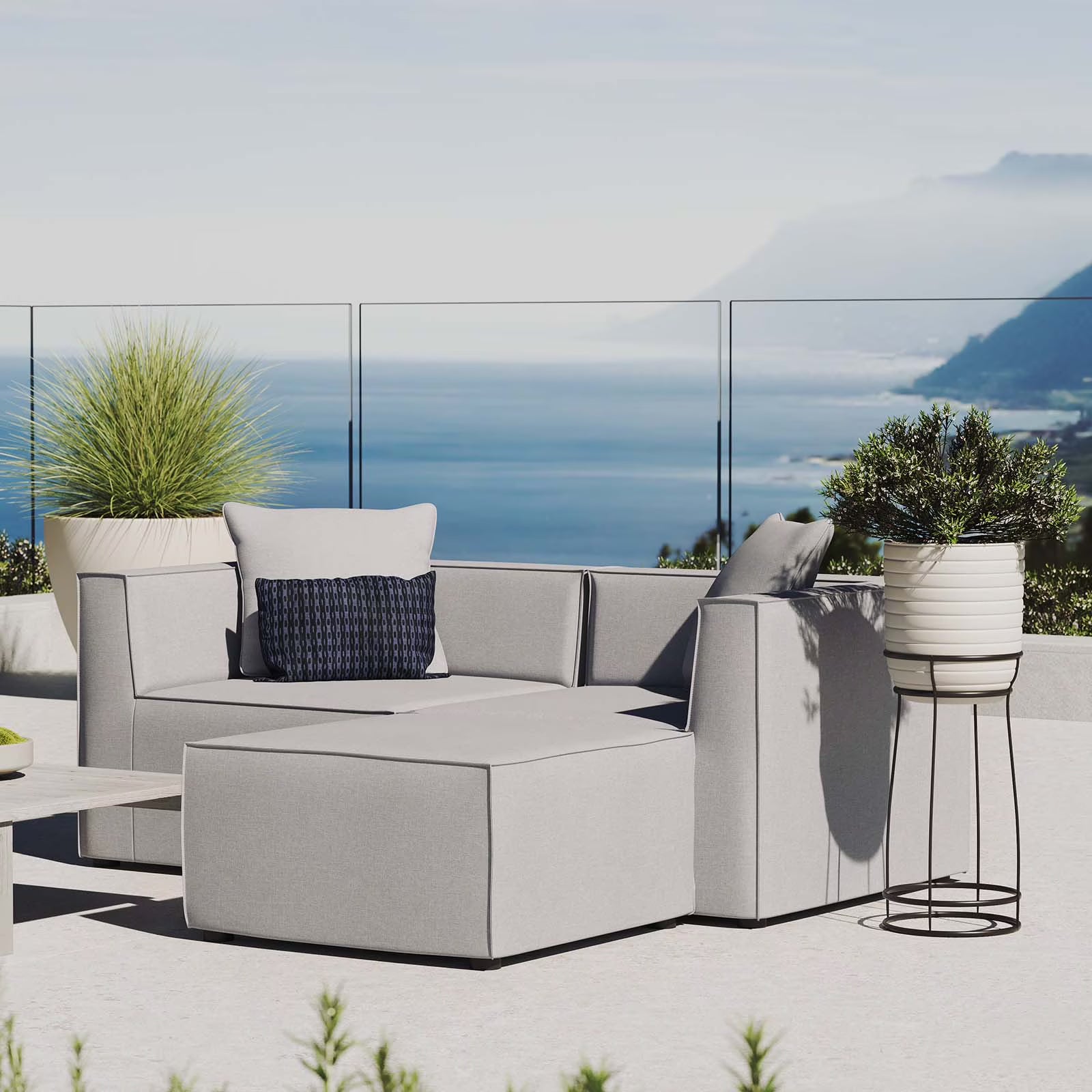 Modway Saybrook Outdoor Patio Upholstered Loveseat and Ottoman Set in Gray