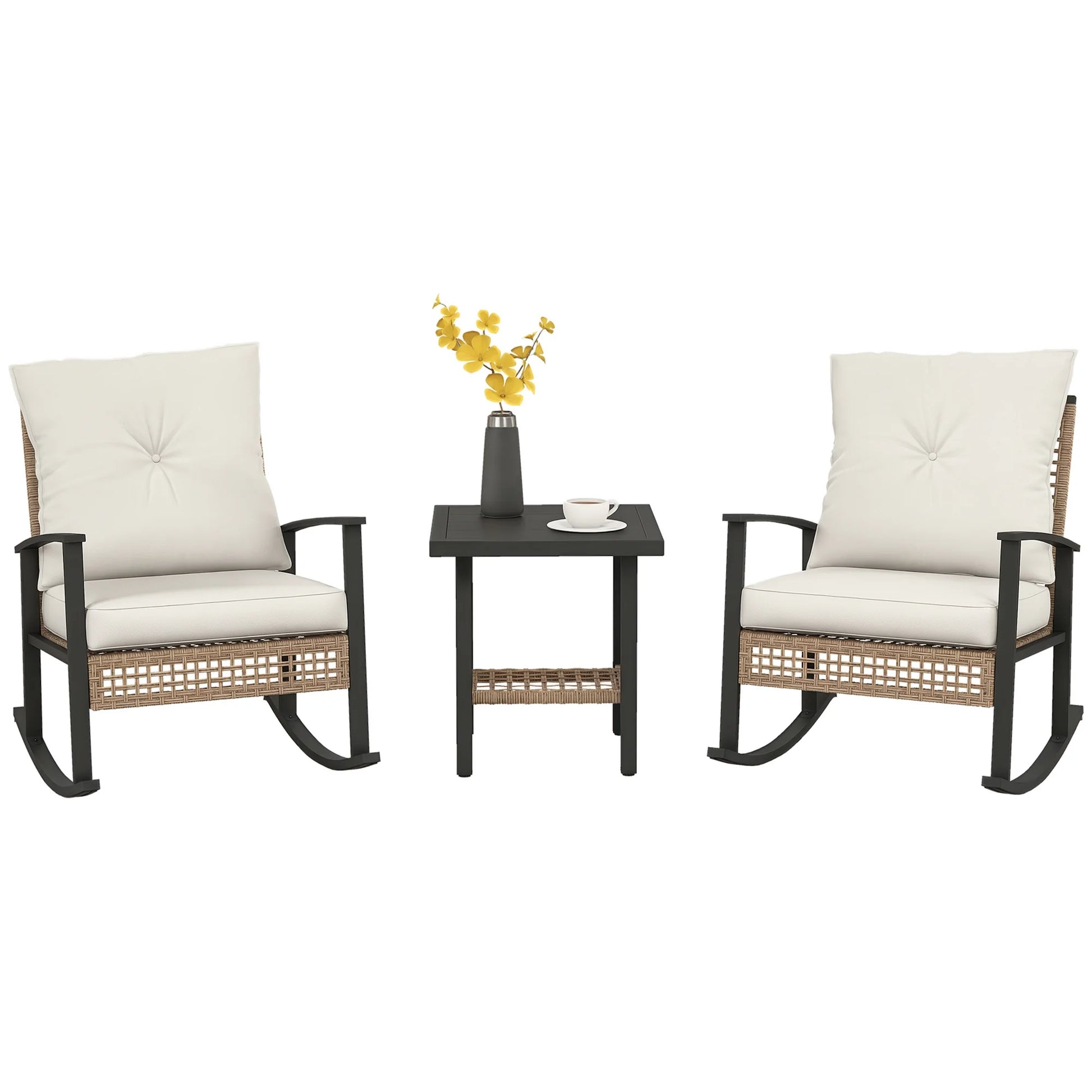 Outsunny 3 Pieces Patio Bistro Set, Wicker Furniture Set with Button Tufted Cushions, Rattan Rocking Chairs and Coffee Table, Dark Blue