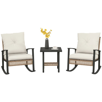 Outsunny 3 Pieces Patio Bistro Set, Wicker Furniture Set with Button Tufted Cushions, Rattan Rocking Chairs and Coffee Table, Dark Blue