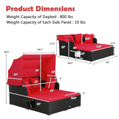 Costway Patio Rattan Daybed Lounge Retractable Top Canopy Side Tables Cushions Red