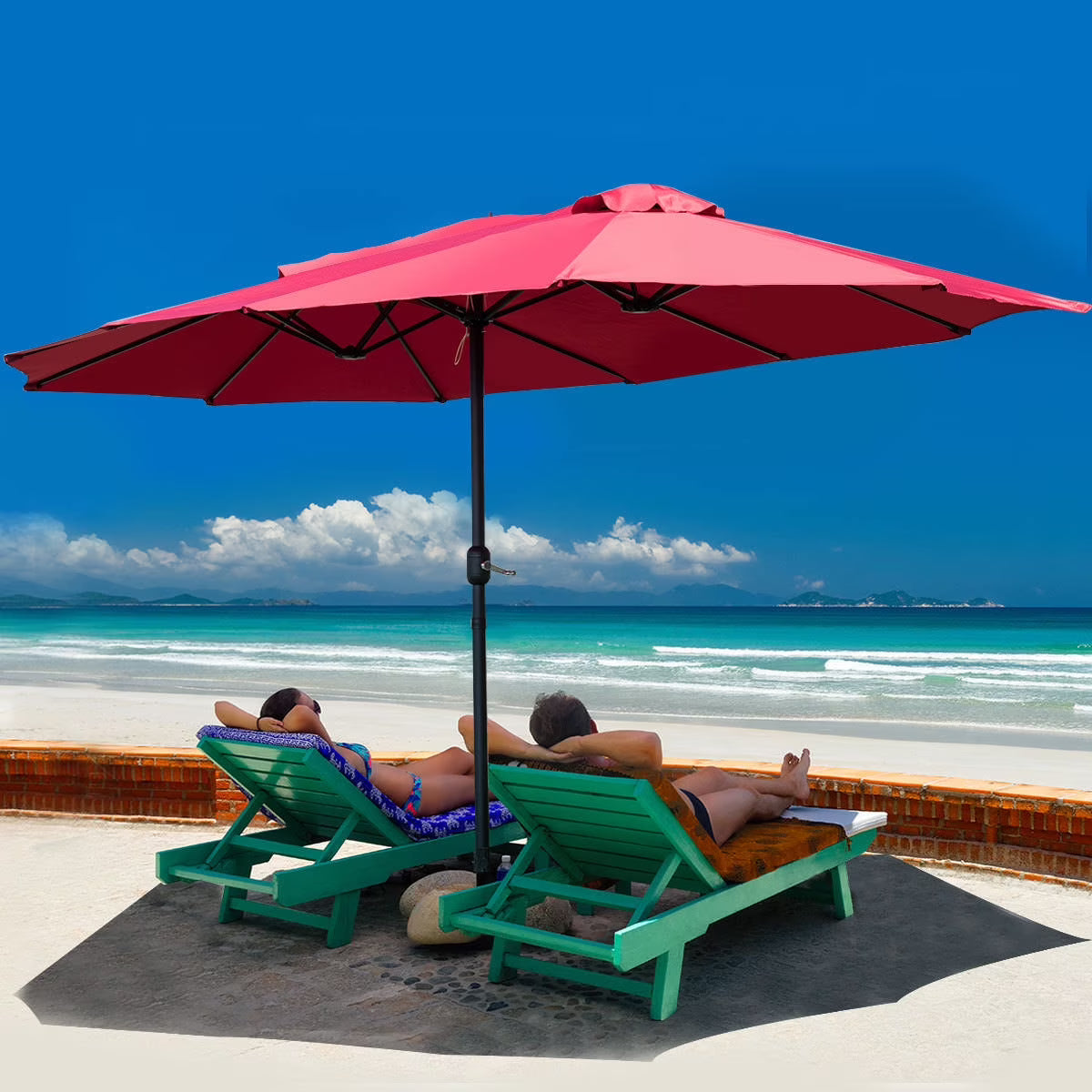 Costway 15' Market Outdoor Umbrella Double-Sided Twin Patio Umbrella with Crank Wine