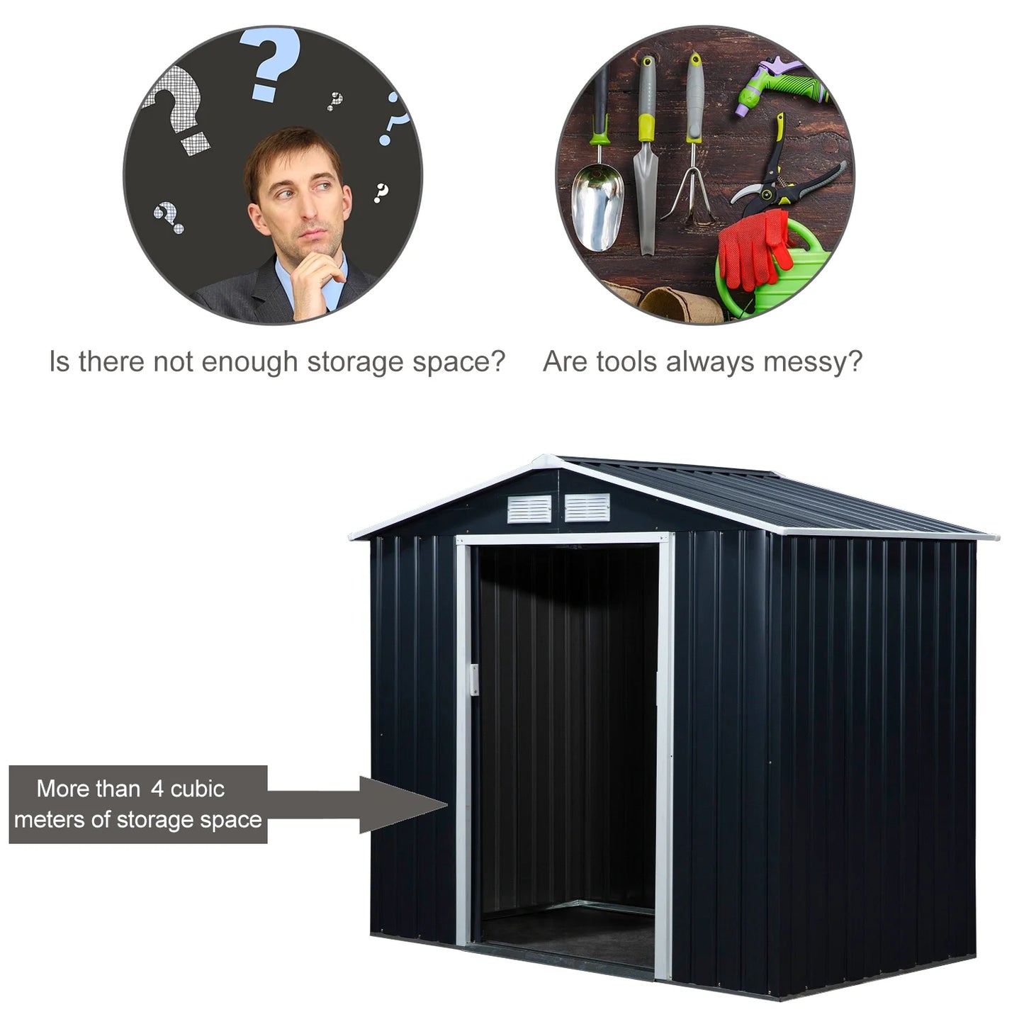 Outsunny 7' x 4' Metal Storage Shed Organizer, Garden Tool House with 4 Vents and 2 Sliding Doors for Backyard, Patio, Garage, Lawn, Dark Gray