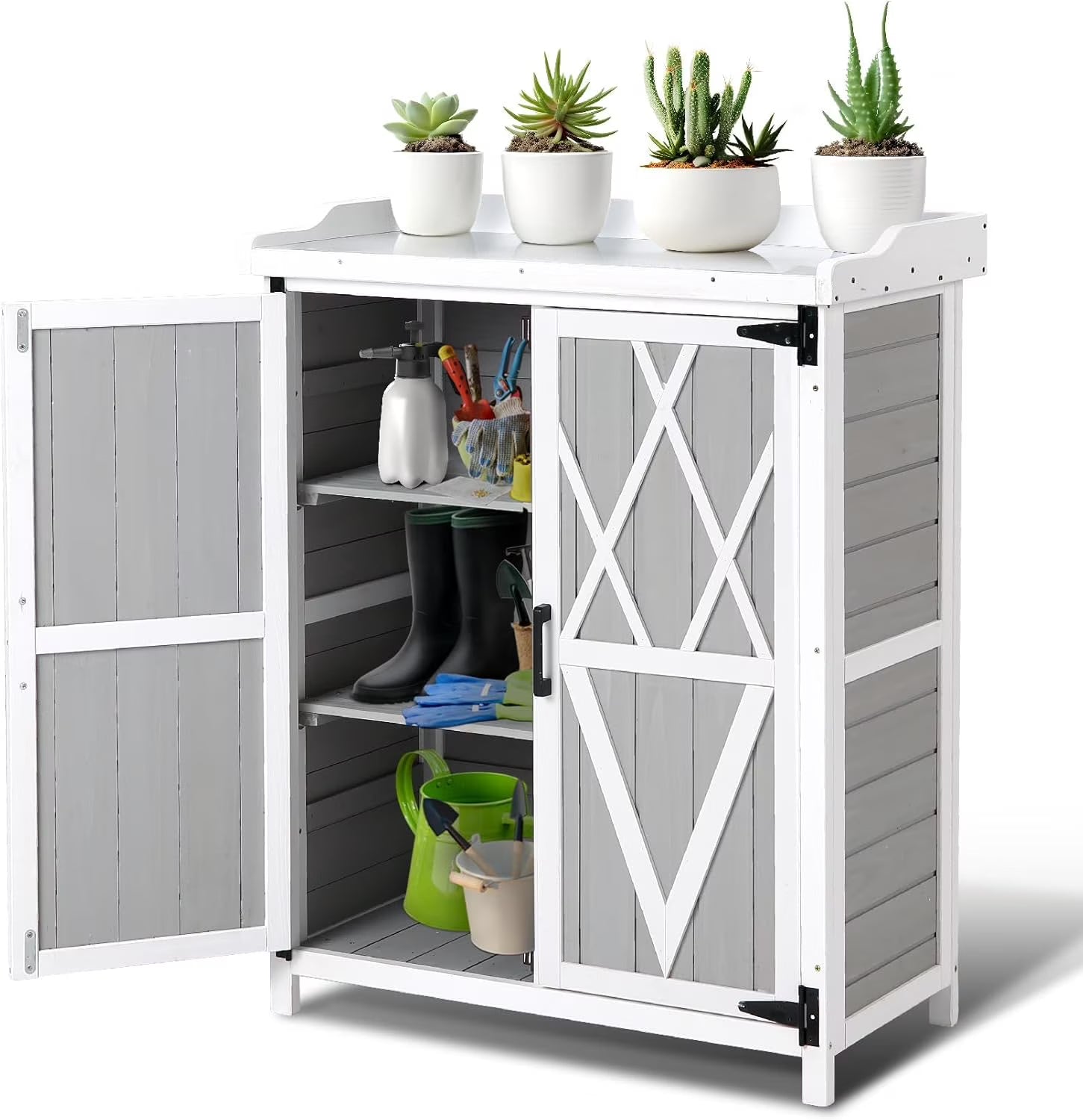 Outdoor Potting Bench with Storage - 37" Tall Wooden Garden Workstation with Galvanized Metal Tabletop, Adjustable Shelves & Double Doors for Backyard, Patio, Garden (White).
