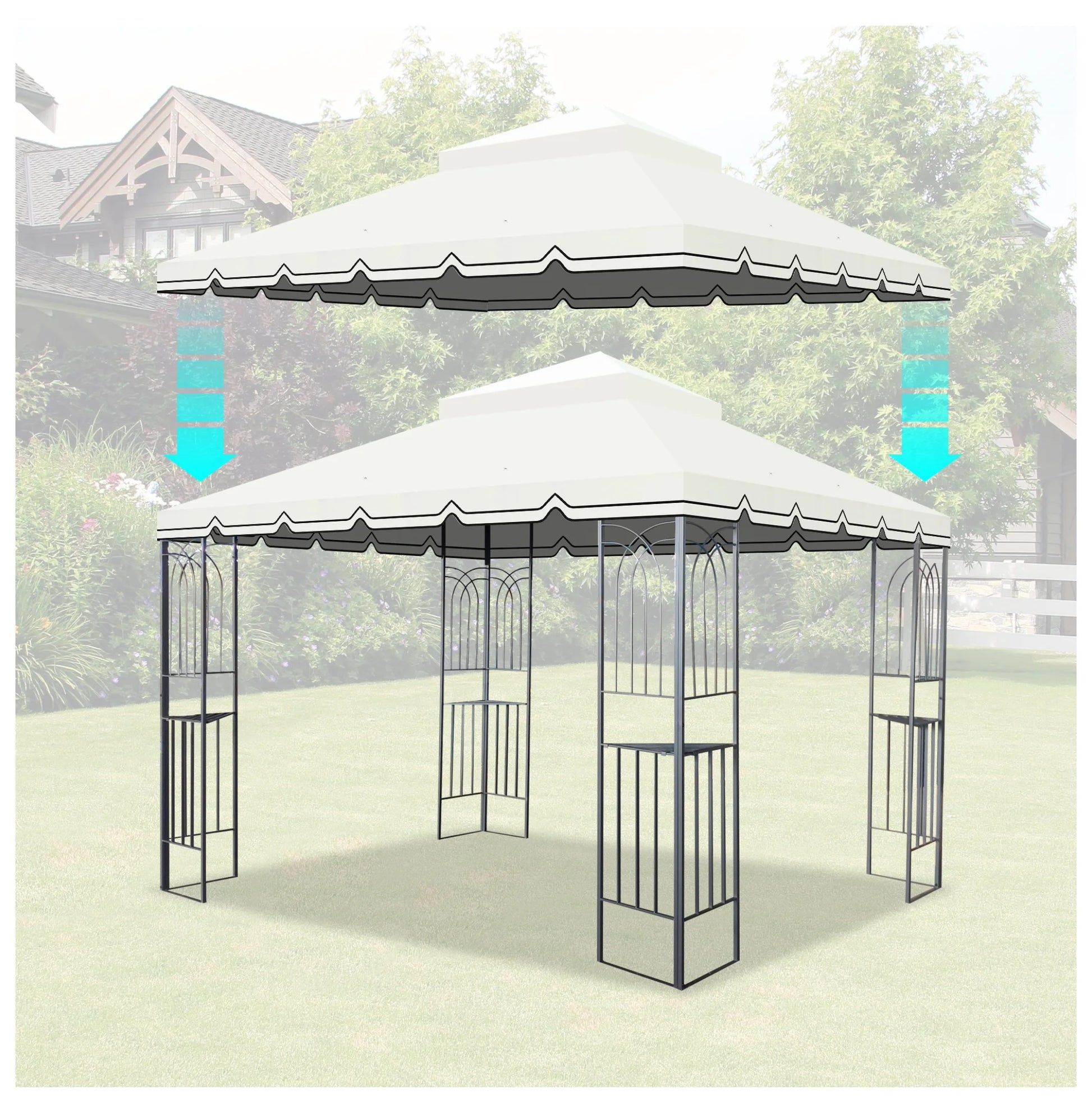 10x10 Ft Outdoor Patio Gazebo Replacement Canopy,Double Tiered Gazebo Tent Roof Top Cover Only Great Wall border(Frame Not Include)-Beige