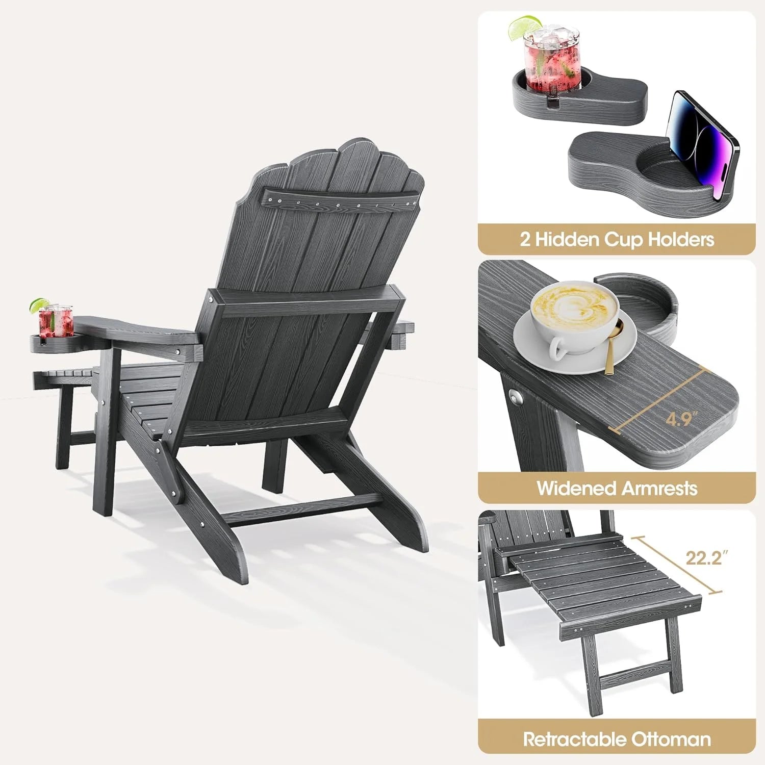 Aiho Foldable Adirondack Lounge Chair with Ottoman & Cup Holder - Outdoor Patio Garden Recliner, Gray
