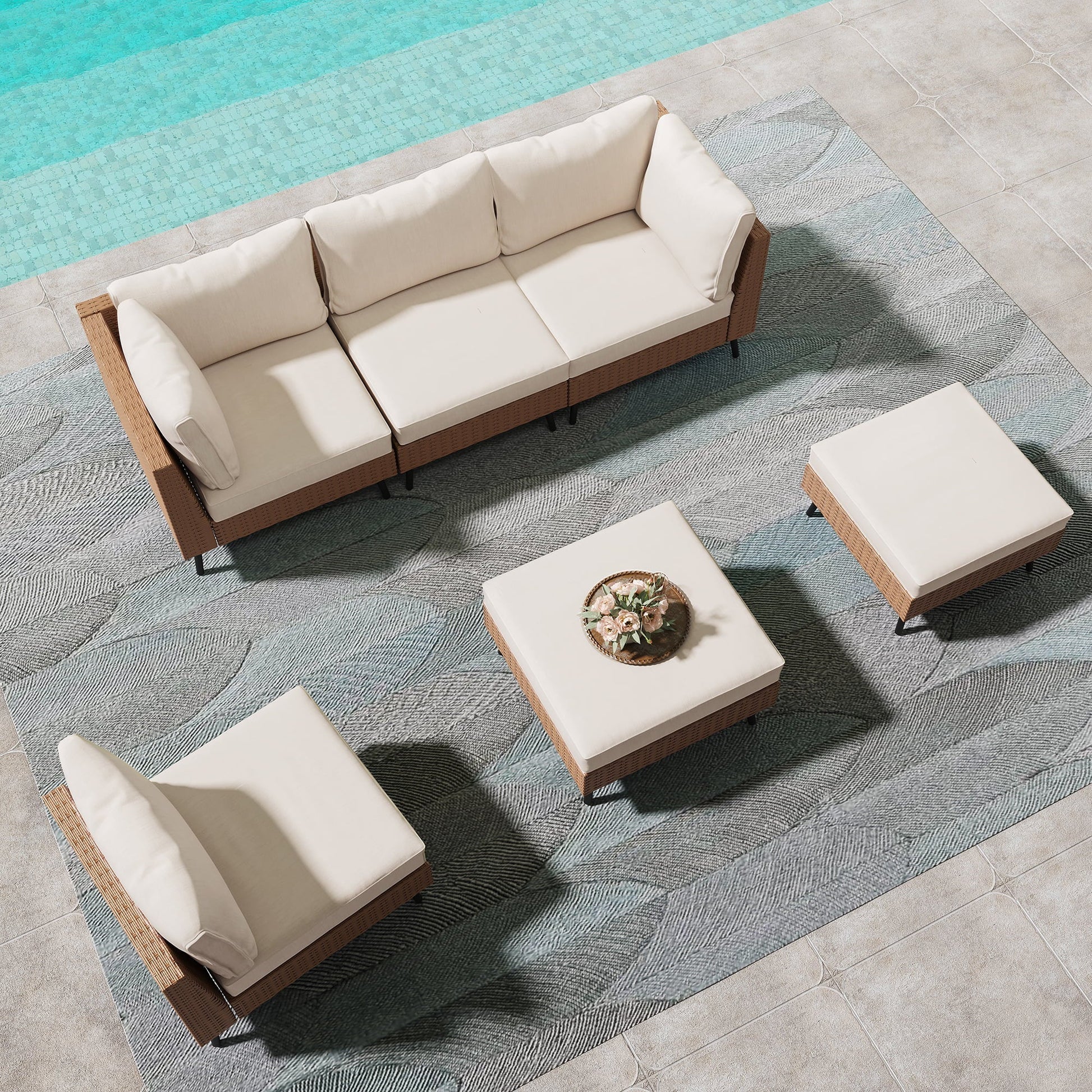 LAUSAINT HOME 6 Pieces Patio Conversation Set, Outdoor Sectional Wicker Sofa PE Rattan Furniture Set with Thick Cushions, Beige