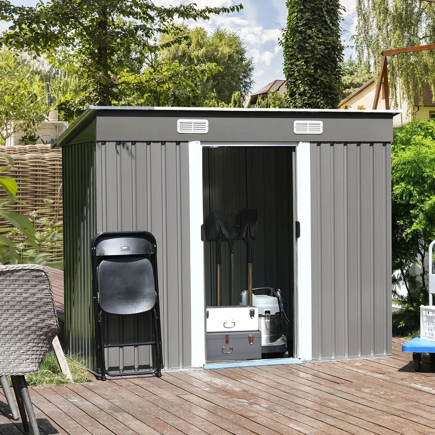 8 x 4 FT Outdoor Storage Shed, Metal Outside Sheds & Outdoor Storage with Sliding Doors and Vents, Steel Garden Shed Outdoor Utility Tool Shed with Pent Roof for Backyard Patio Garden Lawn, Grey