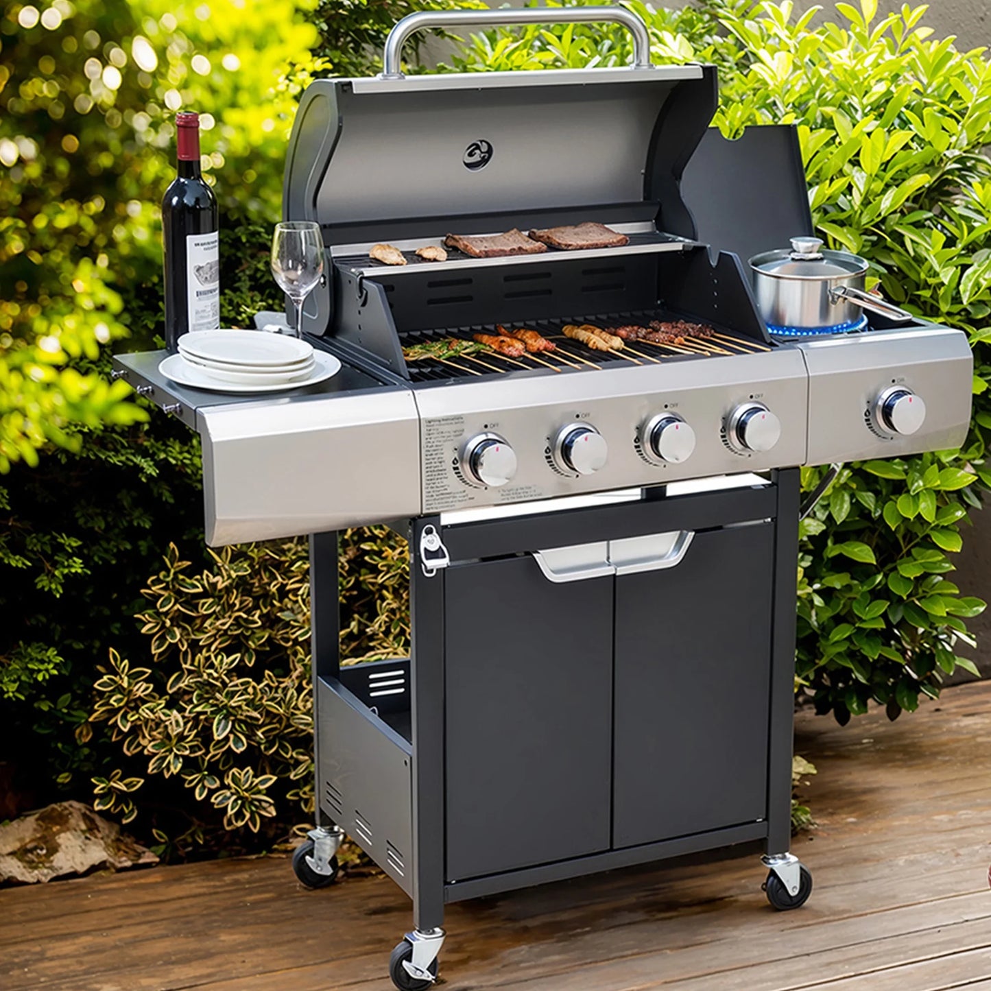 Seizeen 40,500 BTU Propane Gas Grill with Side Burner, Stainless Steel 3 Burner Barbecue Grill Portable on Wheels, with Bottle Opener, for Camping Patio Outdoor Cooking