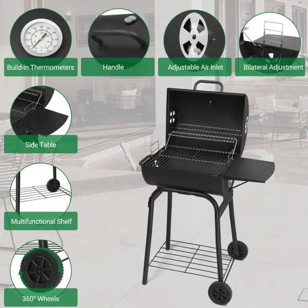 34" Barrel Charcoal Grill with Side Table & Wheels - High-Temp Powder Coated Outdoor BBQ for Backyard, Camping, Patio & Party Cooking