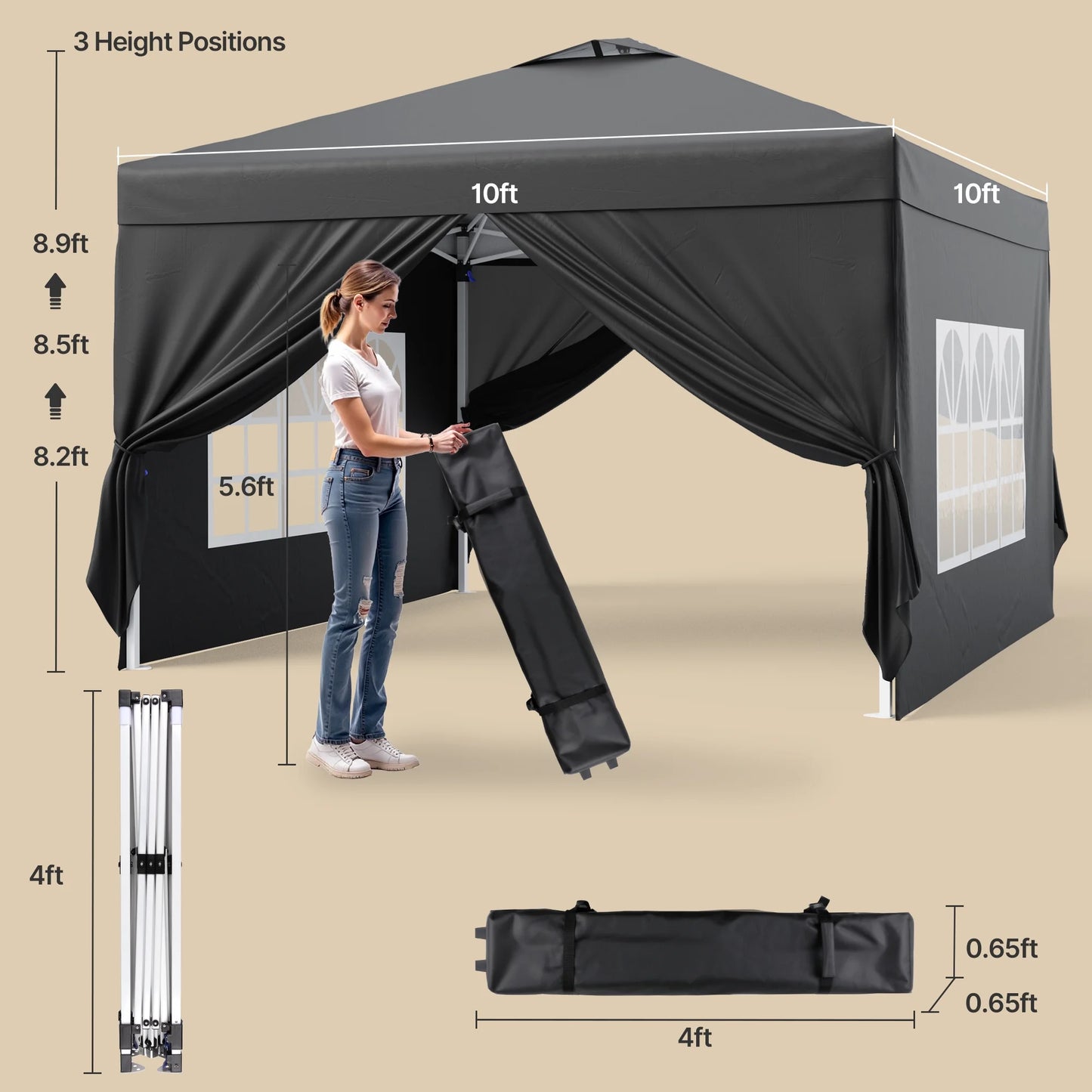 10'x10' Pop-up Canopy Tent with 4 Removable Sidewalls Lofka Portable Outdoor Canopy with 4 Sandbags, 8 Stakes & Ropes Perfect for Beach, Party, Patio & Yard Events, Black