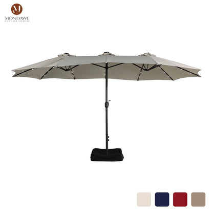 Mondawe 15ft Patio Umbrella Rectangular Outdoor Market Umbrella with Base and LED Lights Beige