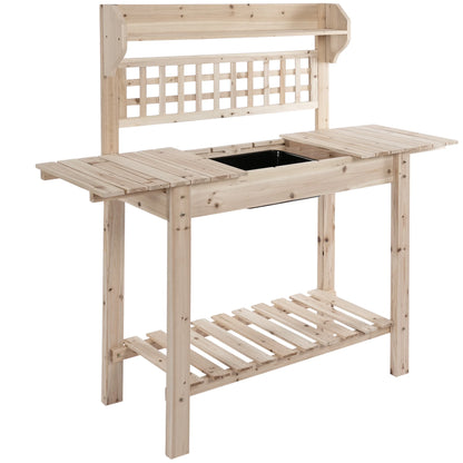 Outsunny Outdoor Potting Bench Table, Wooden Workstation with Sliding Tabletop, Storage Shelf and Dry Sink, for Greenhouse, Garden, Patio, Brown