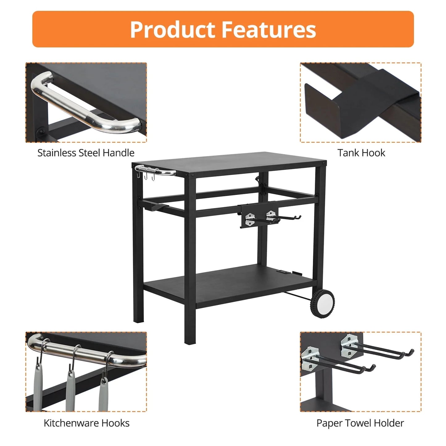 Grill Cart with Wheels & Hooks, Double-Shelf Outdoor Movable Dining Cart Table for Bar Patio Camping Home Cooking Table for Outdoors