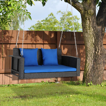 SalonMore Rattan Wicker Swing Hanging Porch Patio Swing 2 Person Seat, Front Porch Haning Swing w/Blue Cushion