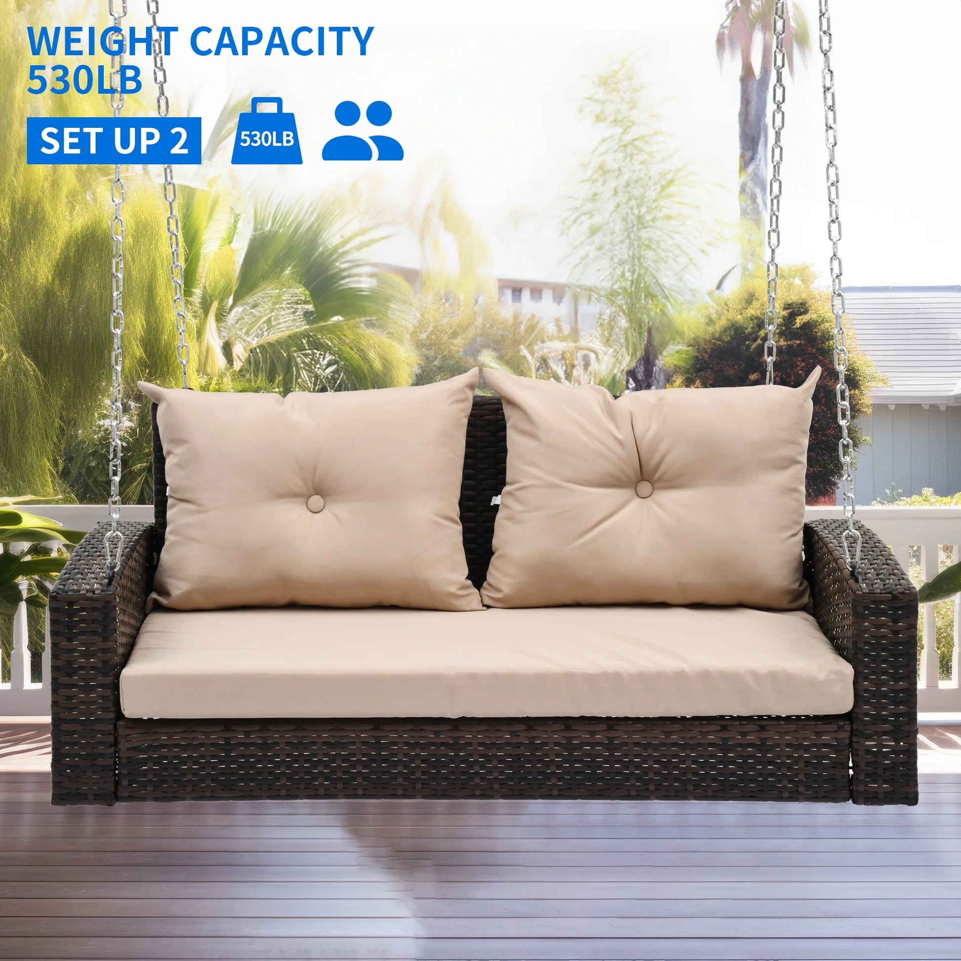 Uforic Dual Occupancy Outdoor Swing Chair, Elegant Black Rattan Patio Lounge with Beige Cushions and a Sturdy 770lbs Capacity for Garden, Balcony, or Living Room