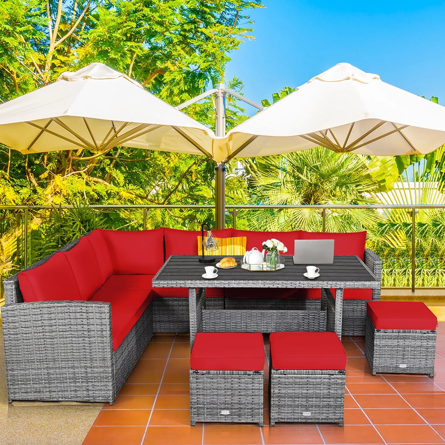 Costway 7 PCS Patio Rattan Dining Set Sectional Sofa Couch Ottoman Garden Red