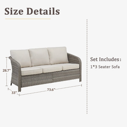 3-Seat Patio Wicker Sofa Outdoor Rattan Couch Furniture Steel Frame with Beige cushion& Waterproof Cover, Gray