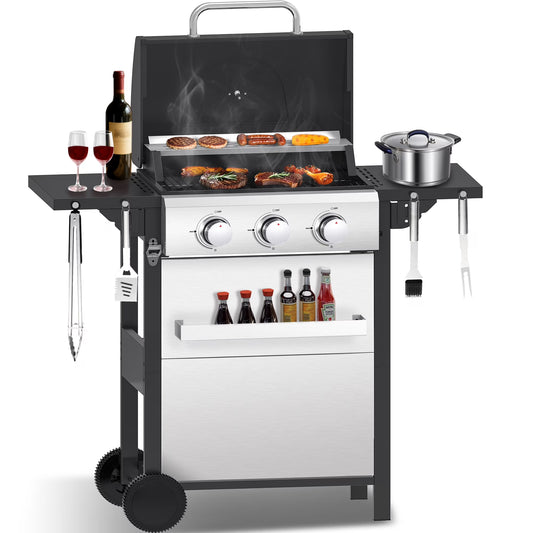 CIG GARDEN 3-Burner Propane Gas Grill,Outdoor Barbecue Grill with Side Tables and Wire Enamel Cooking Grids,31,500 BTU Output Stainless Steel Grill for Patio Garden Camping Backyard BBQ