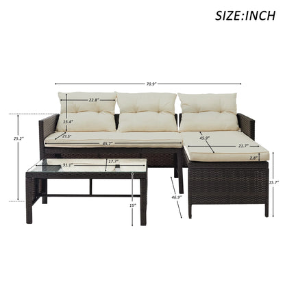 3 Pieces Patio Furniture Sectional Set, Outdoor Furniture Set with Two-Seater Sofa, Lounge Sofa, Table & Cushion, PE Rattan Wicker Bistro Set, Conversation Set for Garden, Backyard
