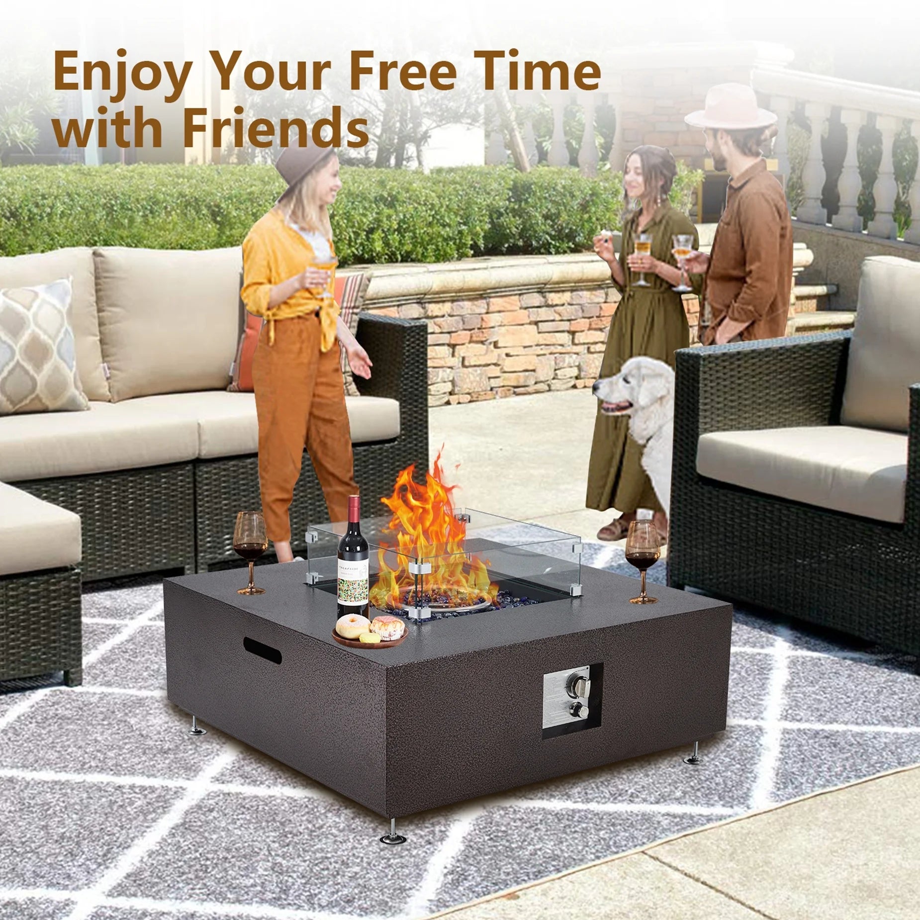 Adoolla 36" Outdoor Propane Fire Pit Table 50,000 BTU with Wind Guard & Rain Cover for Patio Garden
