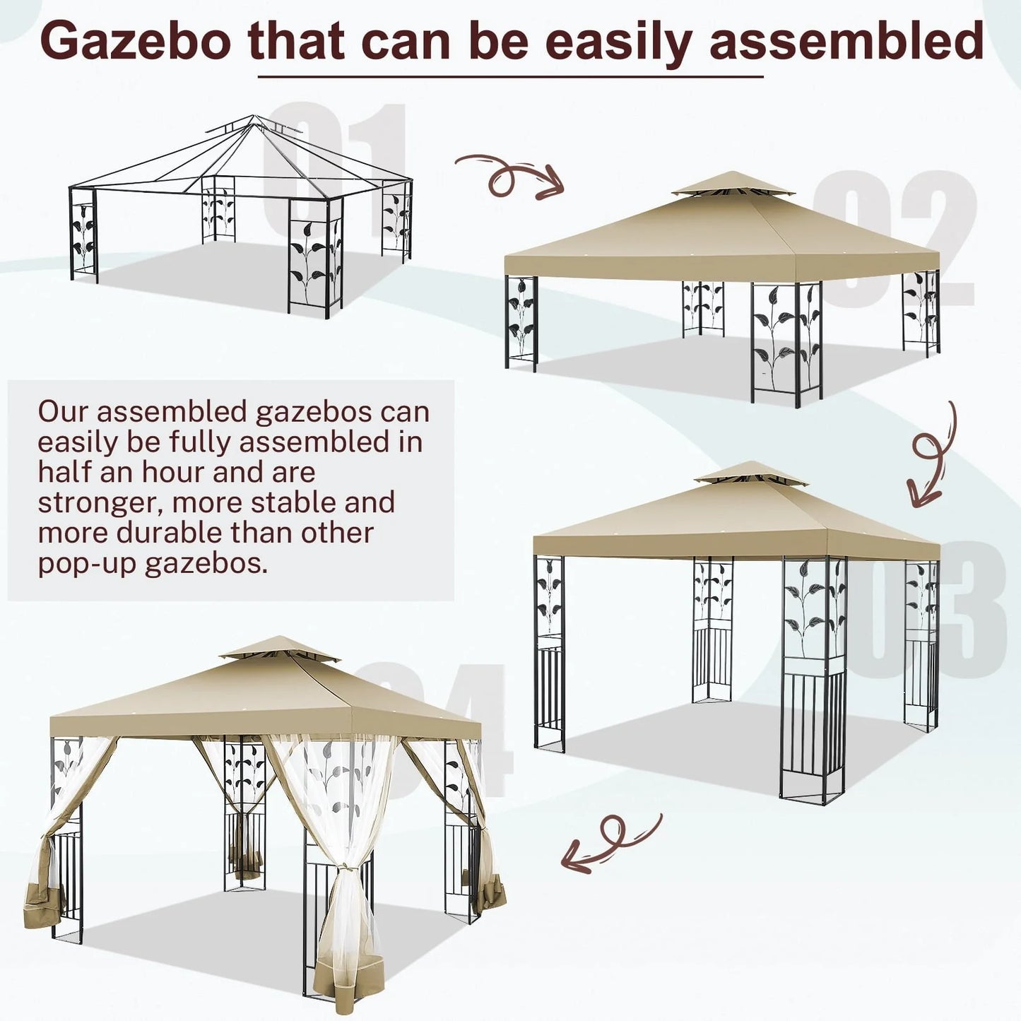 SANOPY 10'x 10' Metal Patio Gazebo, Outdoor Gazebo Canopy Tent for Backyard with Mesh Privacy Curtains, Gazebos Shelter with Display Shelves, Steel Frame, Patio Covers for Shade and Rain