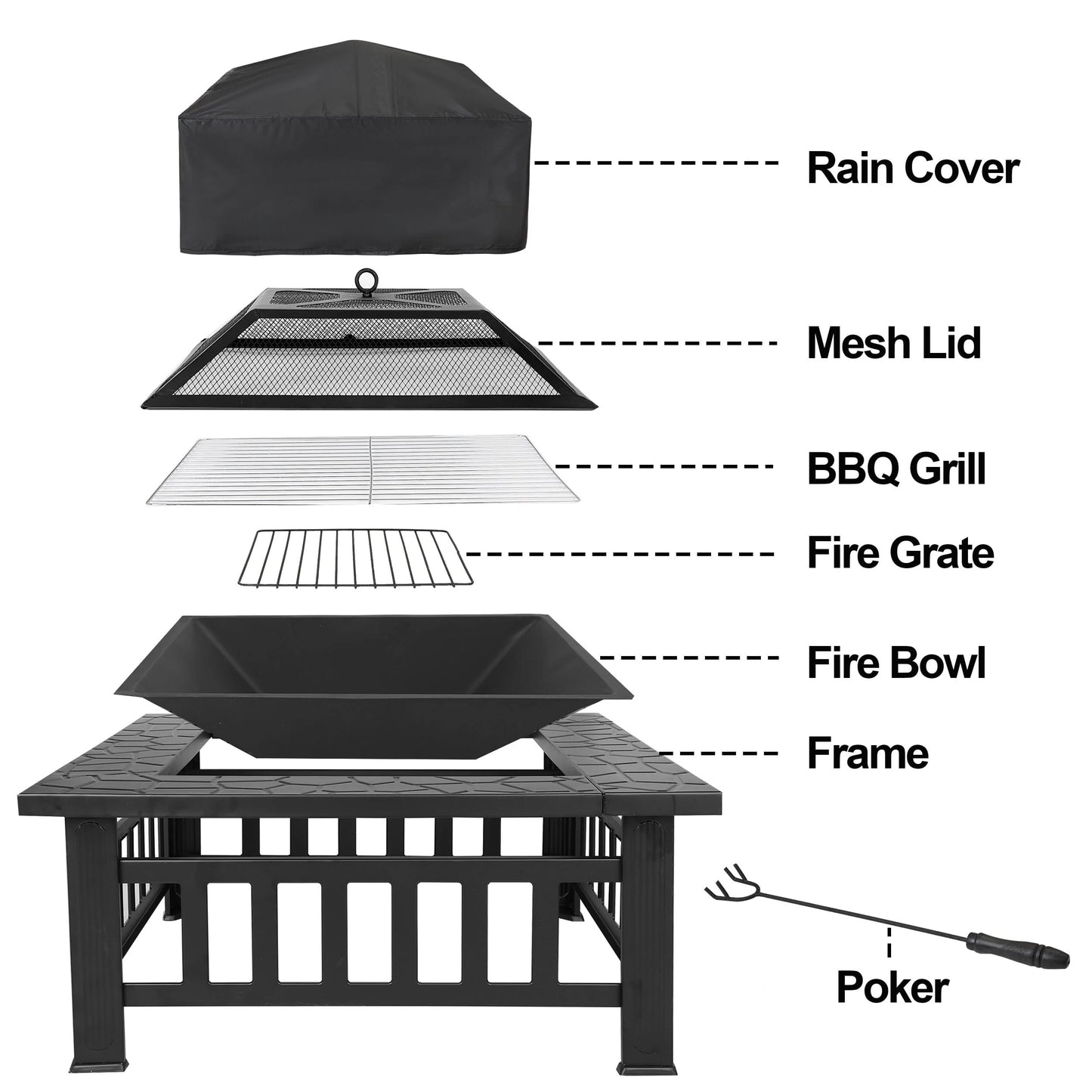ZENY 32" Outdoor Fire Pit Square Metal Firepit Patio Garden Stove Wood Burning