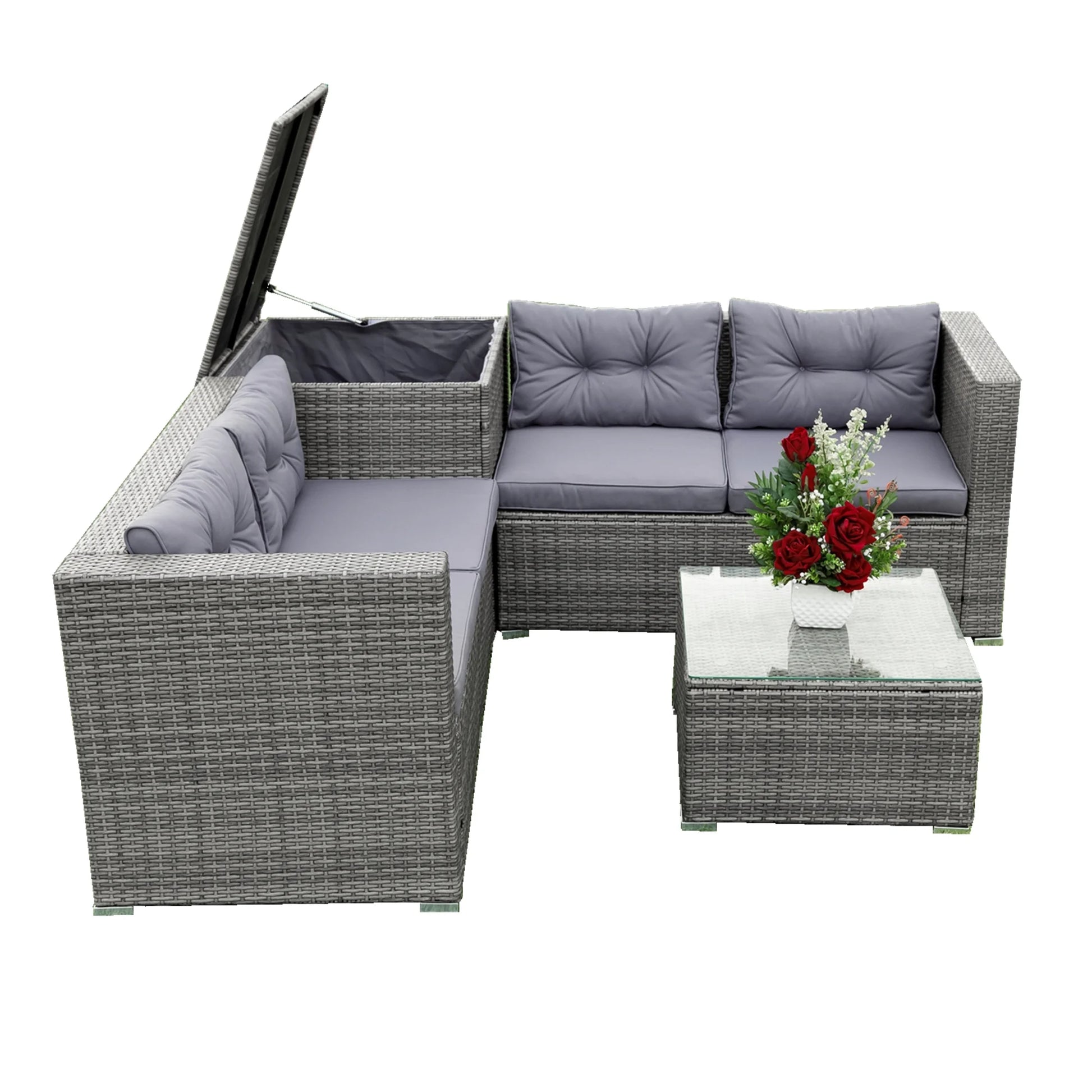 Patio Chat Set with Storage Box, 4 Piece Patio Wicker Furniture Set with Coffee Table, 2 Sofas, PE Rattan Outdoor Conversation Sectional Sofa Set with Gray Cushions for Backyard, Porch, Garden, L3579