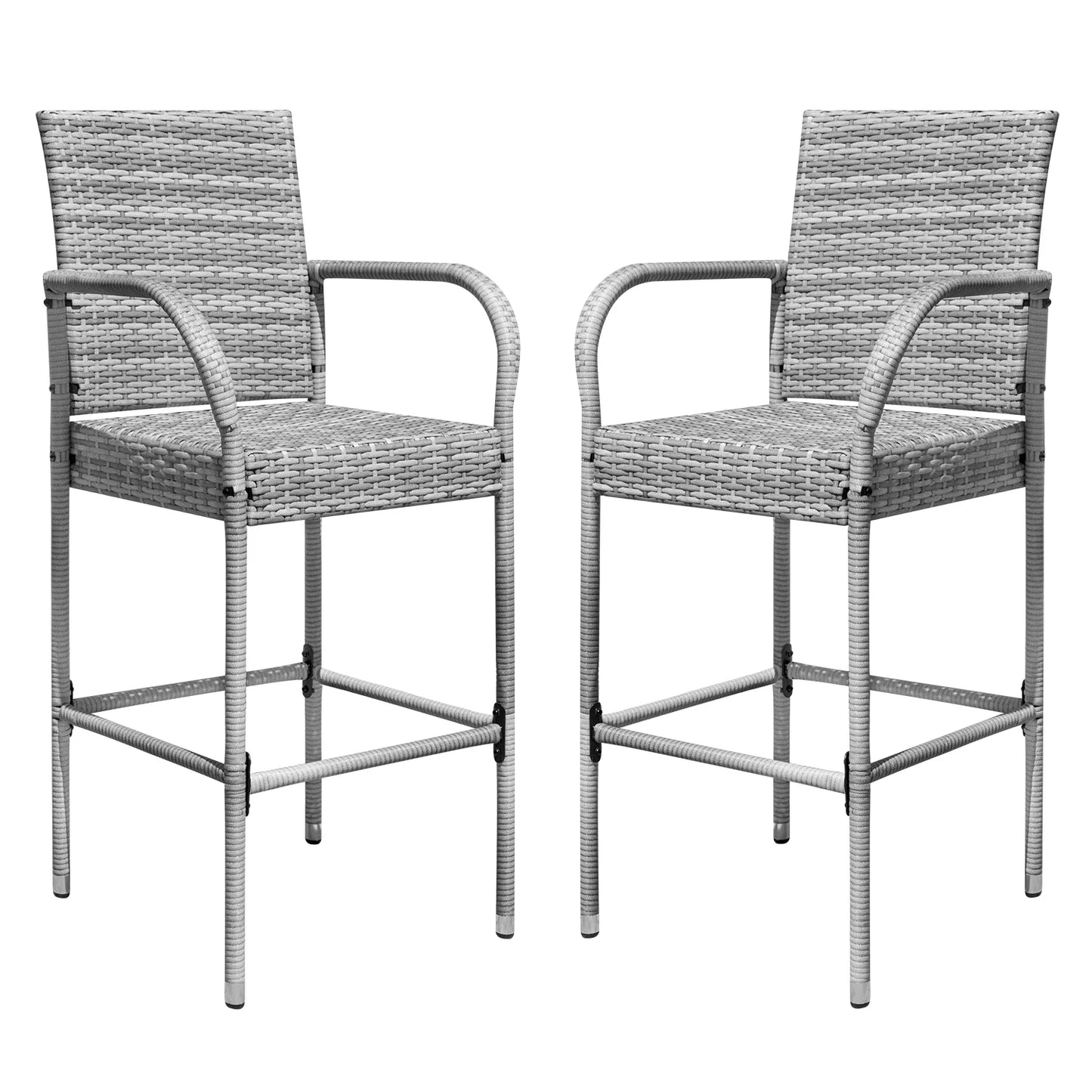Lacoo Outdoor Wicker Bar Stool with Footrest Patio Rattan and Steel Frame Barstools Set of 2, Brown