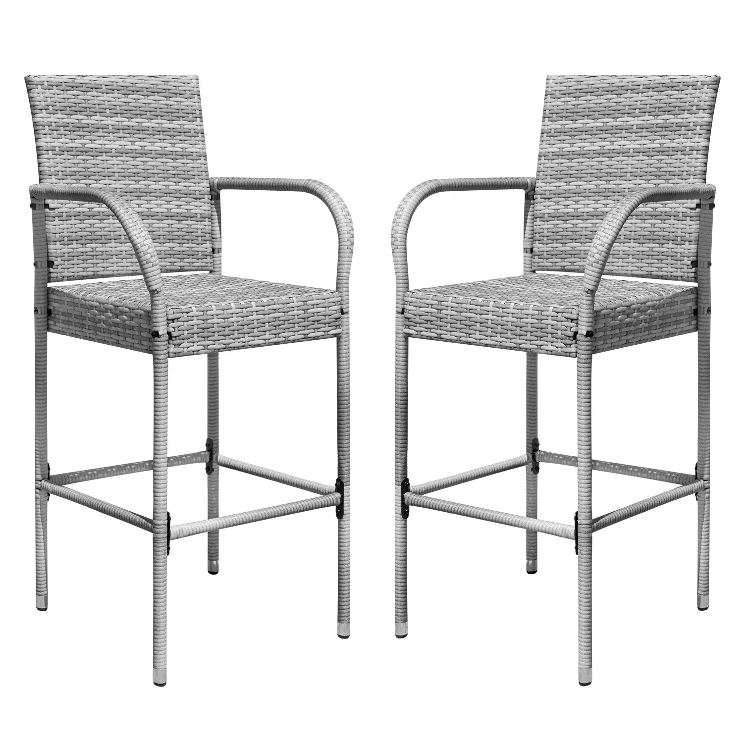 Lacoo Outdoor Wicker Bar Stool with Footrest Patio Rattan and Steel Frame Barstools Set of 2, Brown