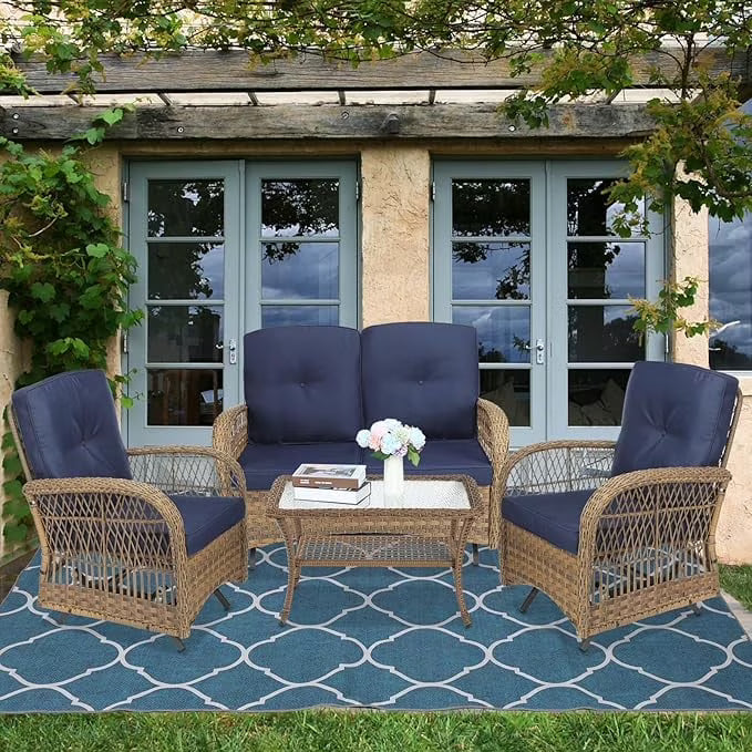SOCIALCOMFY 4-Piece Wicker Patio Furniture Sets Outdoor All-Weather Rattan Conversation Set Includes Glider Loveseat, Glass-Top Coffee Table, 2 Glider Rocker Chairs with Thickened Cushions
