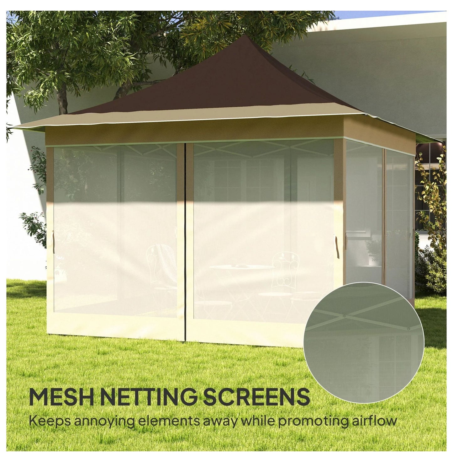 12x12 Pop Up Canopy Tent with Mesh Netting, UPF50+ Sun Shelter - Brown Patio Gazebo with Carry Bag