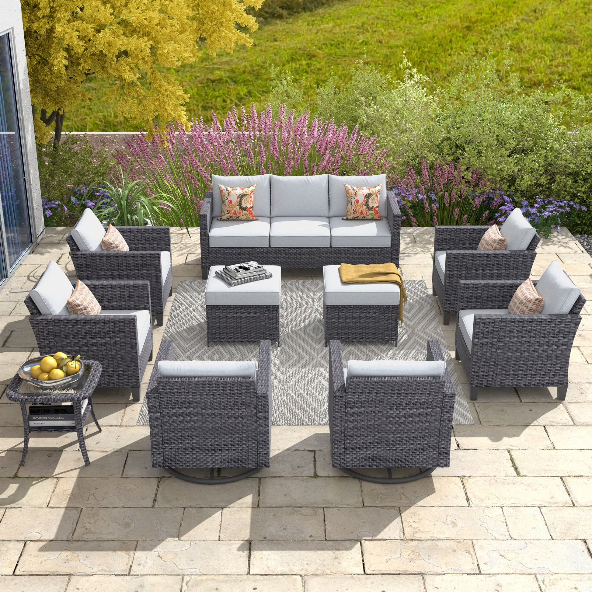 Ovios 10 Pieces Outdoor Patio Furniture with 360° Swivel Rocking Chairs All Weather Patio Sectional Sofa Set for Balcony